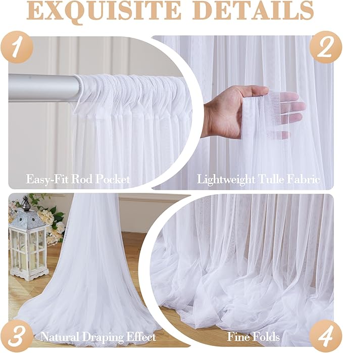 10ft x 15ft White Tulle Backdrop Curtain for Parties Sheer Fabric Backdrop Curtains for Wedding Baby Shower Bridal Shower Birthday Photo Backdrop Drapes Background Wall Decorations 2 Panels 5ft x 15ft