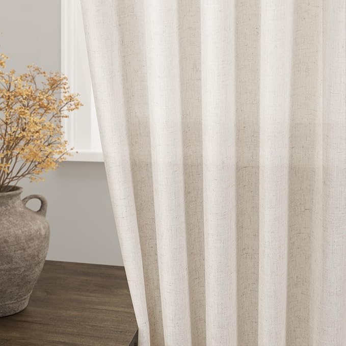 Beige Large Window Curtains Light Filtering Semi Sheer Privacy Linen Textured Curtain for Patio Sliding Glass Door Extra Wide Rustic Farmhouse Drapes for Living Room Bedroom Sunroom 100x90 Inch