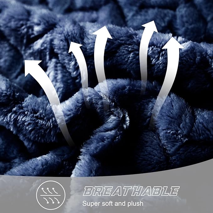 Exclusivo Mezcla Fleece Queen Size Blanket for Bed, 90x90 Inches Soft Cozy Jacquard Flannel Blankets, Lightweight Fuzzy Plush Warm for Women, Navy Blue