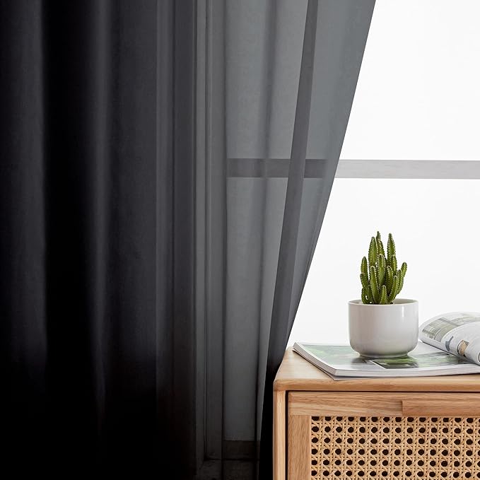 Aiyufeng Black Sheer Curtains for Windows 54 inch Long 2 Panel Set, Rod Pocket Soft Voile Sheer Classic Window Treatment with Light Through for Bedroom/Living Room, 40W x 54L, 2-Pack