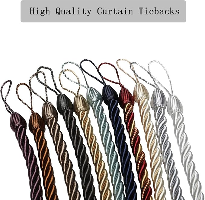 BEL AVENIR Curtain Rope Tiebacks, Drapery Rope Holdbacks with 4 Metal Screw Hooks, 2 Pair - Golden