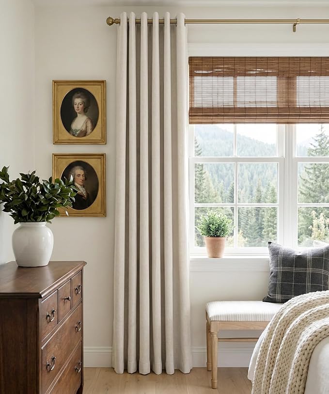 100% Blackout Shield Linen Blackout Curtains for Bedroom, Beige Grommet Curtains for Living Room, Thermal Insulated Room Darkening Drapes for Nursery, Boho Home Decor, 50" W x 90" L, 2 Panels