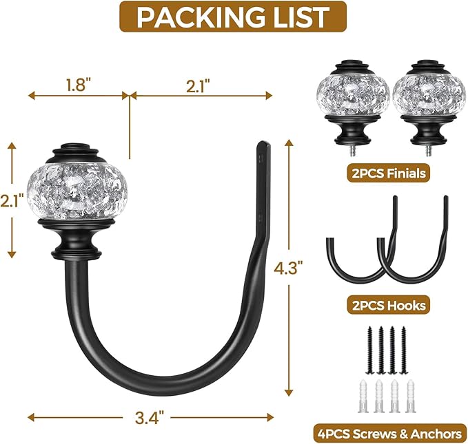 2 Pack Curtain Holdbacks, USFOOK Black Decorative Window Drapery Tiebacks (2 Pack/1 Pair), Curtain Tie Back Hooks for Wall with Translucent Finials (3.95" L x 3.4" W)