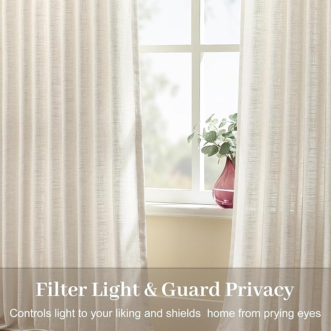 60 Inch Extra Width Pinch Pleated Curtains for Living Room, Light Filtering Modern Privacy Pleated Linen Sheer Curtain with Hooks Rings Back Tab Drapes for Sliding Door, Natural, 1 Panel, W60xL90