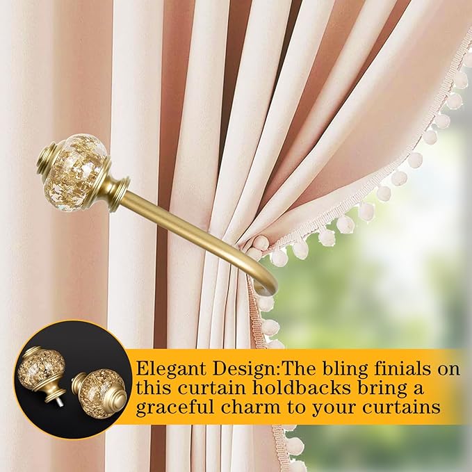 2 Pack Gold Curtain Holdbacks, USFOOK Decorative Drapery Tiebacks (2 Pack/1 Pair), Curtain Tie Back Hooks for Wall with Translucent Finials (6.1" L x 4.1" W)