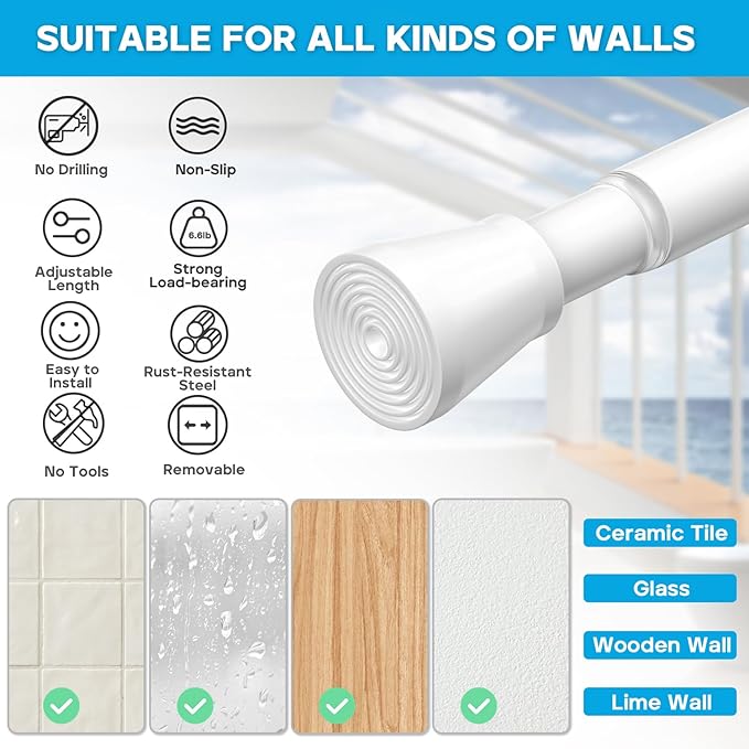 AIZESI White Tension Rod for Windows 28 to 48 inch, Adjustable Curtain Rods No Drilling, Expandable Spring Tension Curtain Rod, Non-slip Shower Curtain Rod for Bathroom Closet Doorway (7/8" Diameter)