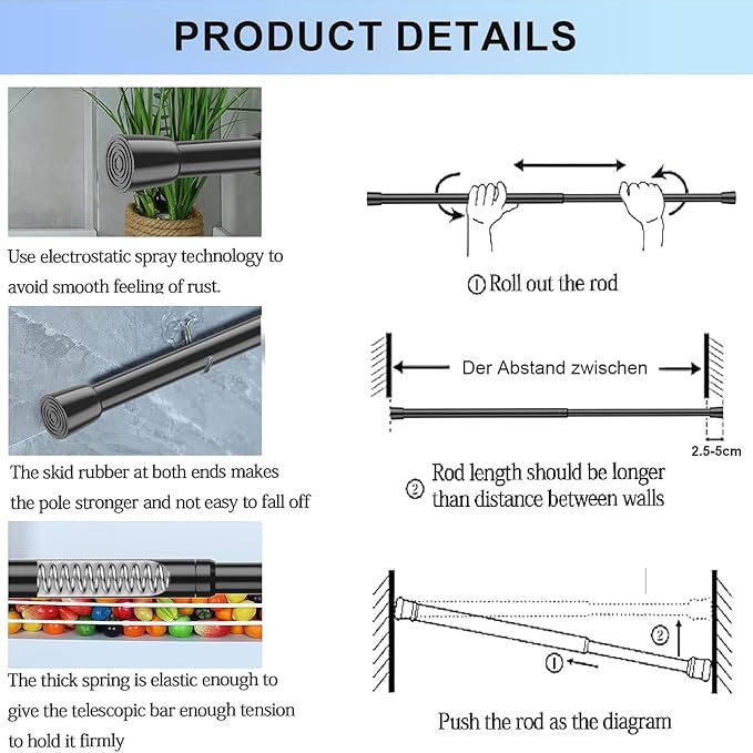 2 Pack Tension Rods Spring Tension Curtain Rod, 26 to 39 Inch Adjustable Black Tension Rod, Small Curtain Rods Spring Loaded Curtains Tension Rods for Window, Bathroom, Cupboard, Kitchen, Home