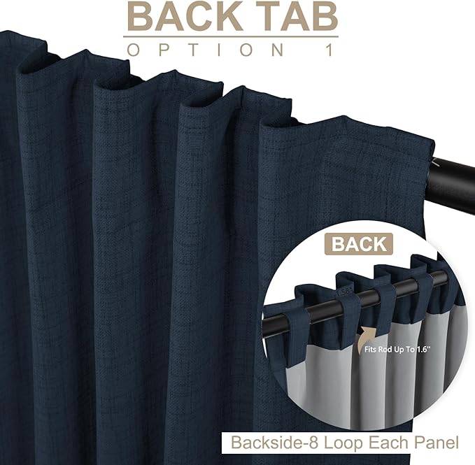 100% Blackout Shield Linen Blackout Curtains for Bedroom 90 Inches Long, Back Tab/Rod Pocket Living Room Drapes, Thermal Insulated Blackout Curtains 2 Panels Set, 50" W x 90" L, Navy