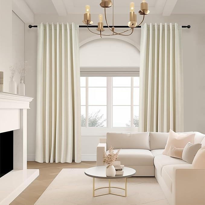86 Inches Long Cream Colored Custom Blackout Linen Curtains Ivory Cream Pinch Pleated Noise Cancelling Curtains with Pin Hooks for Traverse Burlap Viral Drapes 2 Panels for Living Room Bedroom