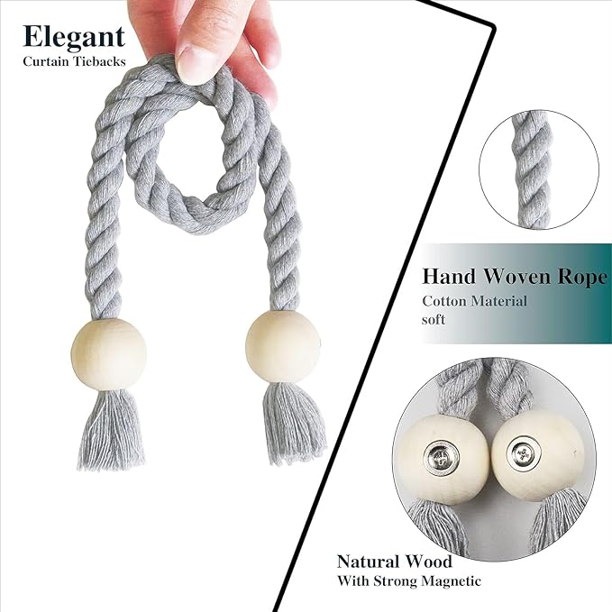 2 Pack Magnetic Curtain Tiebacks Cotton Hand Woven Tie Back Decorative Rope Holdbacks for Curtains Draperies No Tools Required, Grey