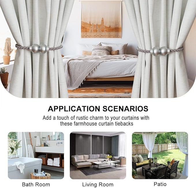 2 Pack Magnetic Curtain Tiebacks Modern Handmade Rope Curtain Tie Backs Decorative Drapes Weave Holdbacks for Home Outdoor Bedroom Office Decorative Curtain, Grey