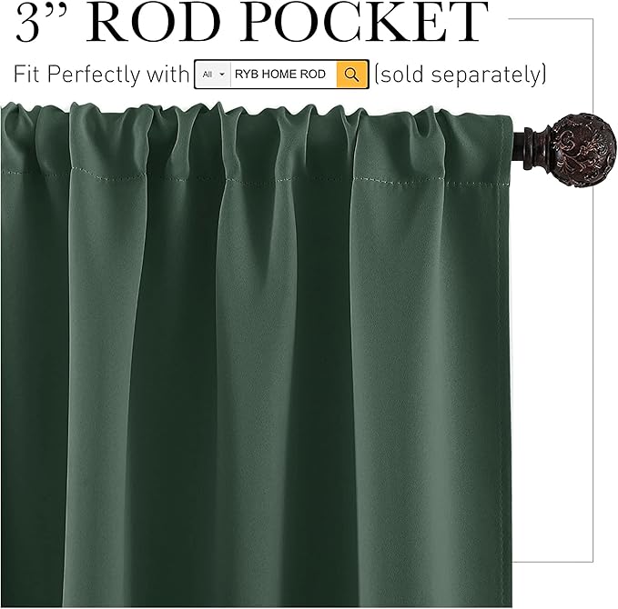 RYB HOME Blackout French Door Window Curtain Covering, Rod Pocket Thermal Insulated Privacy Non See Through Drapes for Bathroom Window, Width 29 by Length 45, Dark Green, 2 Panels