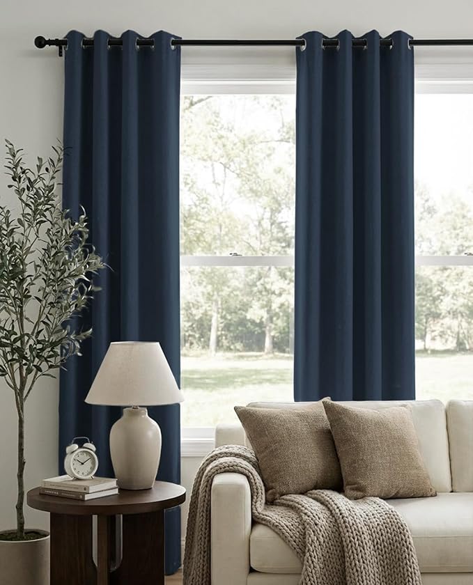 100% Blackout Shield Linen Blackout Curtains for Bedroom, Navy Blue Grommet Curtains for Living Room, Thermal Insulated Room Darkening Drapes for Nursery, Boho Home Decor, 50" W x 63" L, 2 Panels