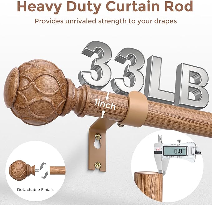 2 Pack Wood Curtain Rods for Windows 30 to 56 Inch, Boho Vintage Decorative 1 Inch Adjustable Heavy Duty Curtain Rod, Rustic Farmhouse Drapery Pole with Netted Imitation Wood Grain Finials