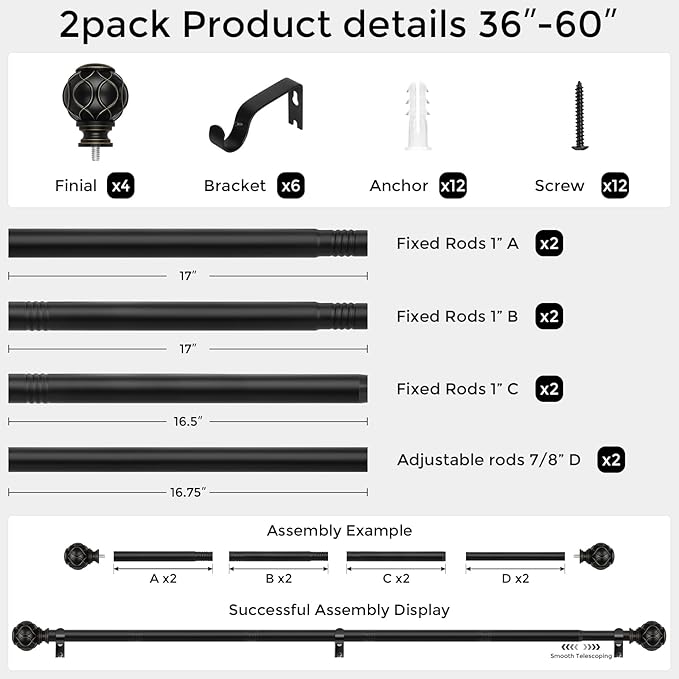 2 Pack Black Curtain Rod, Heavy Duty 1 Inch Decorative Curtain Rods for Windows 30 to 56 Inch, Single-Side Adjustable Vintage Rustic Matte Black Drapery Pole Set with Netted Texture Finials