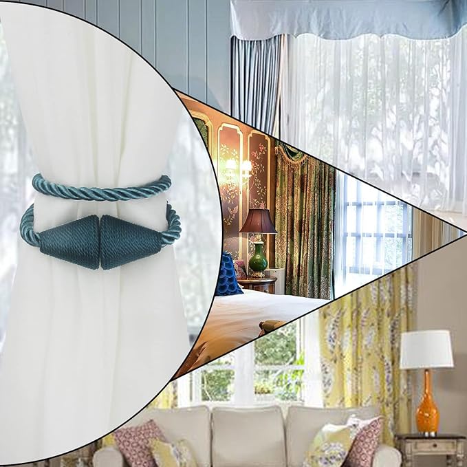 2 Pack Magnetic Curtain Tiebacks Rope Modern Handmade Curtain Tie Backs Decorative Drapes Weave Holdbacks for Window Décor, Blue