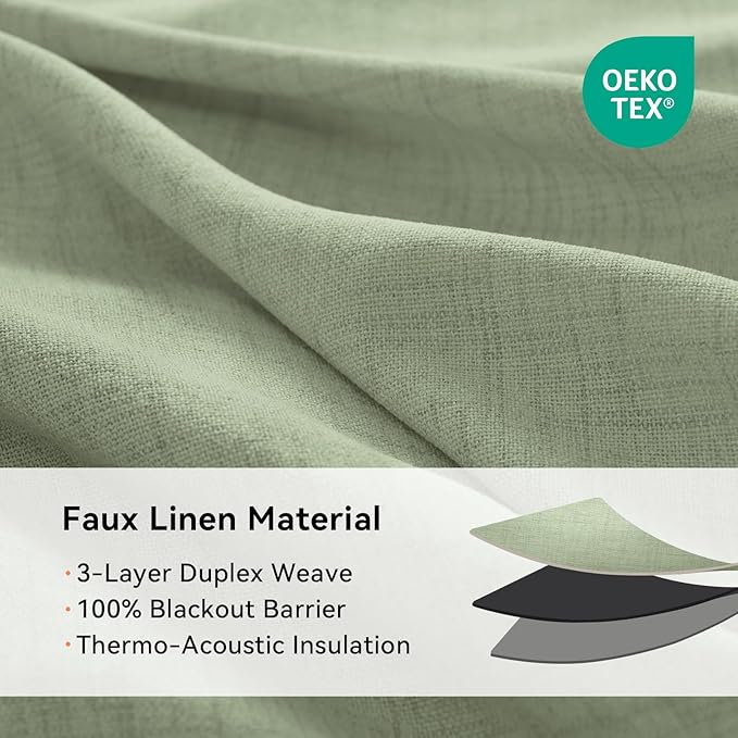 100% Blackout Shield Linen Blackout Curtains for Bedroom, Sage Green Grommet Curtains for Living Room, Thermal Insulated Room Darkening Drapes for Nursery, Boho Home Decor, 50" W x 96" L, 2 Panels