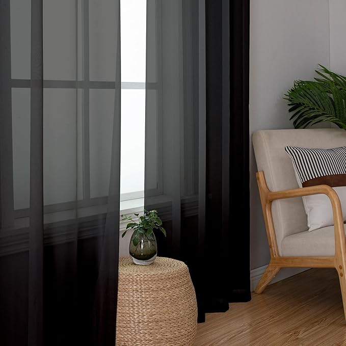 Aiyufeng 108 Inch Black Sheer Window Curtains for Farmhouse, Rod Pocket Voile Window Treatment Vertical Panels for Study Room/Bedroom/Living Room, Black, W59 x L108, 2 Panels