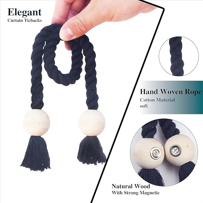 2 Pack Magnetic Curtain Tiebacks Cotton Hand Woven Tie Back Decorative Rope Holdbacks for Curtains Draperies No Tools Required, Navy