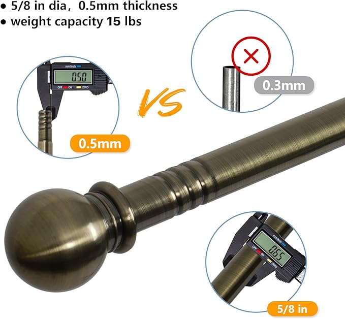 Antique Brass Curtain Rods for Windows 28 to 48 inch, 5/8 inch Small Curtain Rod Set with Brackets, Heavy Duty Drapery Rod for Bedroom, Living Room, Brushed Brass
