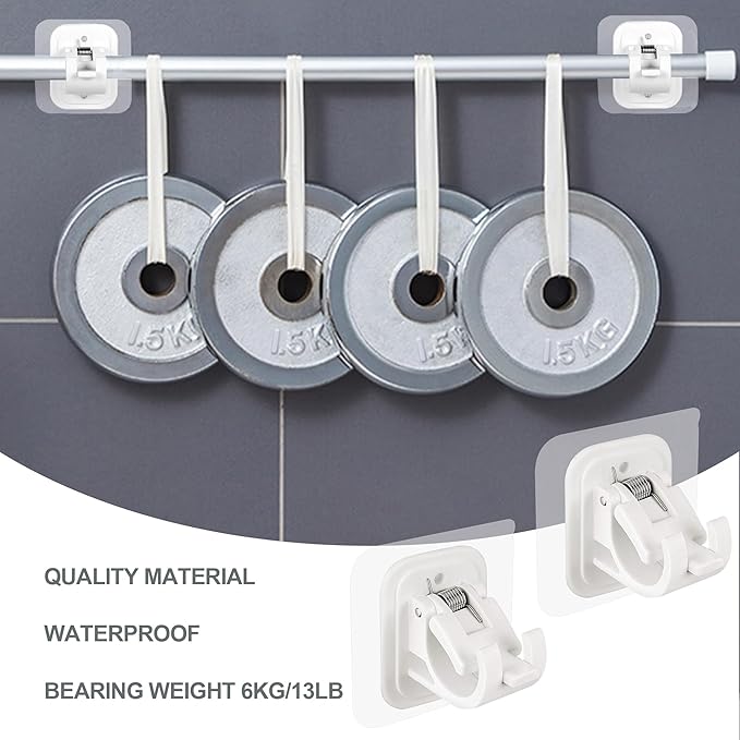 2PCS No Drill Curtain Rod Brackets No Drilling Self Adhesive Curtain Rod Holder Hooks Nail Free Adjustable Curtain Rod Hooks Curtain Hangers for Bathroom Kitchen Home Bathroom and Hotel (White)