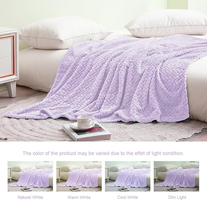 Exclusivo Mezcla Fleece Queen Size Blanket for Bed, 90x90 Inches Soft Cozy Jacquard Flannel Blankets, Lightweight Fuzzy Plush Warm for Women, Lilac Purple