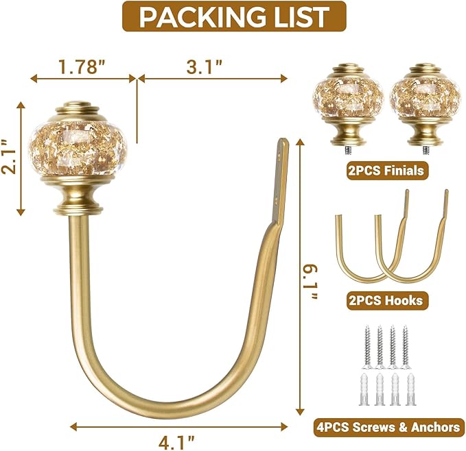 2 Pack Gold Curtain Holdbacks, USFOOK Decorative Drapery Tiebacks (2 Pack/1 Pair), Curtain Tie Back Hooks for Wall with Translucent Finials (6.1" L x 4.1" W)