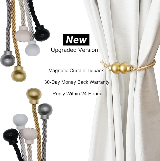 2 Pack Magnetic Curtain Tiebacks Modern Handmade Rope Curtain Tie Backs Decorative Drapes Weave Holdbacks for Home Outdoor Bedroom Office Decorative Curtain, Gold