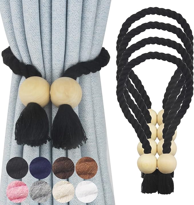 4 Pack Magnetic Curtain Tiebacks Cotton Hand Woven Tie Back Decorative Rope Holdbacks for Curtains Draperies No Tools Required, Black