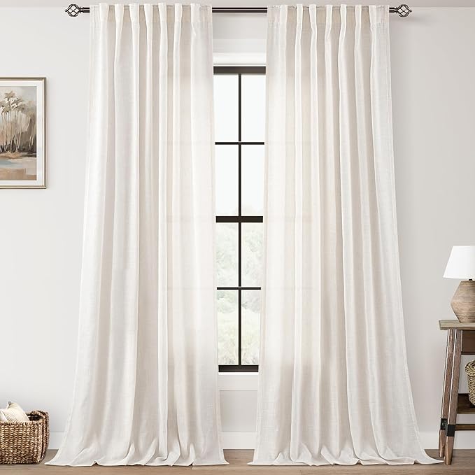 2 Panels Set Cream Linen Curtains 108 inches Long For Living Room Neutral Rustic Farmhouse Light Filtering Semi Sheer Linen Drapes 108 inch Ceiling To Floor For Large Window Villa Hallway Ivory 9 FT