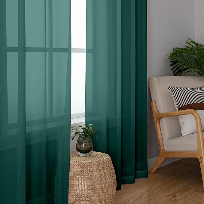 Aiyufeng Hunter Green Sheer Curtain Drapes 54 Inch Length 2 Panels for Living Room, Light Filtering Voile Green Drapes for Bedroom, Patio, Sliding Door, Each 42" W x 54" L