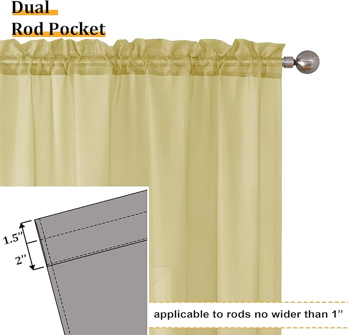 Aiyufeng Yellow Sheer Curtains 72 Inches Long 2 Panels Set, Semi Transparent Voile Rod Pocket Sheer Window Drapes for Bedroom Bed Canopy Living Room Dining Wedding Party Backdrop, 42W x 72L inch