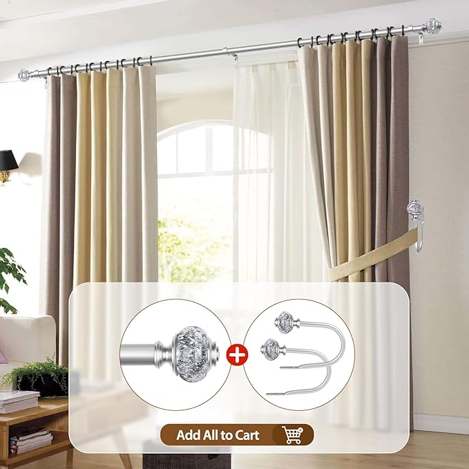 2 Pack Curtain Rod 32 to 58 Inches (2.6-4.8ft), USFOOK 7/8 Inch Telescoping Splicing Curtain rods for Windows 20 to 54 Inch, Silver Decorative Drapery Rods for Home with Translucent Finials