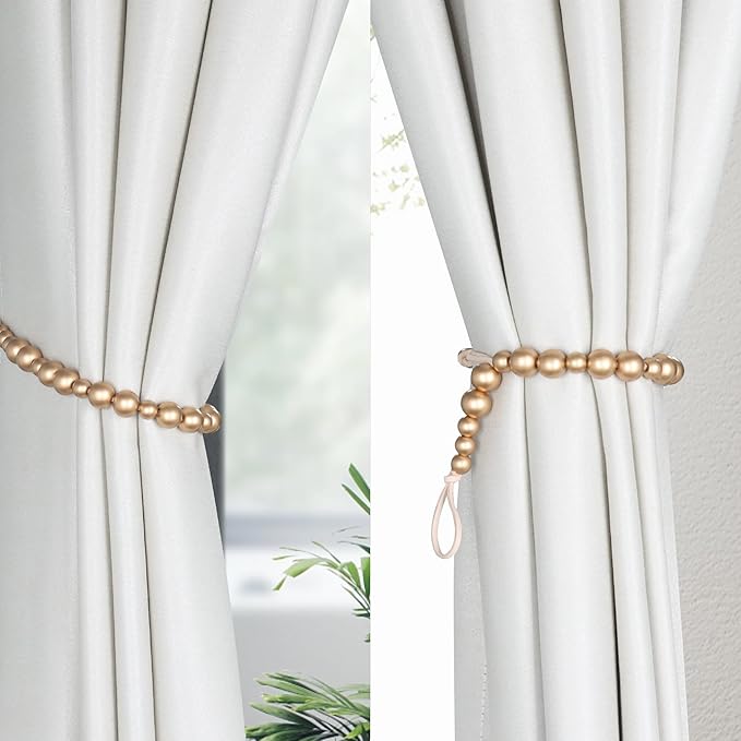 2 Pieces Wood Bead Curtain Tieback Boho Curtain Tiebacks Curtain Holdbacks for Wall Curtain Ties Window Treatment Curtain Tie Backs with Hooks Curtain Pull Backs (Gold,2)