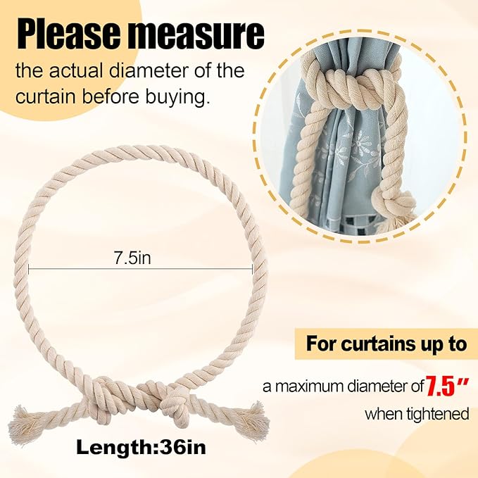 4 Pcs Hand Woven Curtain Tiebacks No Drilling - Boho Drape Holdbacks Rope for Black Blue Light Color Curtains, Decorative Ties for Outdoor Yard Garden Farmhouse Drapery, Beige