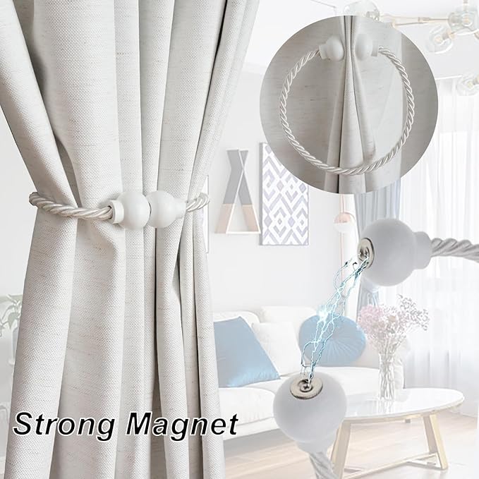 2 Pack Magnetic Curtain Tiebacks Modern Handmade Rope Curtain Tie Backs Decorative Drapes Weave Holdbacks for Home Outdoor Bedroom Office Decorative Curtain, White