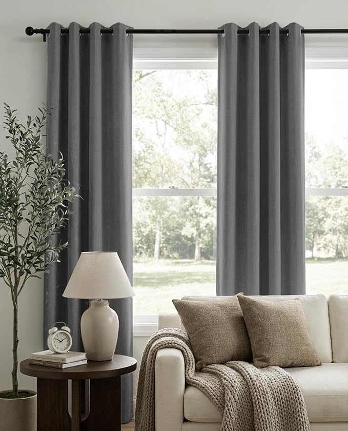 100% Blackout Shield Linen Blackout Curtains for Bedroom, Dark Grey Grommet Curtains for Living Room, Thermal Insulated Room Darkening Drapes for Nursery, Boho Home Decor, 50" W x 84" L, 2 Panels