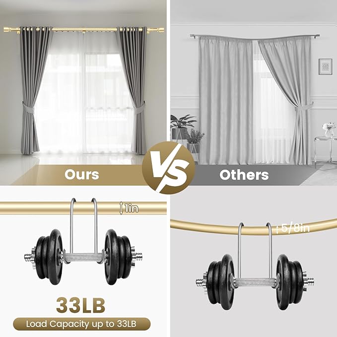 1” Diameter Gold Curtain Rod Itself is 30-90 Inch 2 Pack, Fit 30 to 84 Inch Windows with Heavy Duty Adjustable Telescopic Rod，Splicing Metal Extra Long Curtain Rod for Windows