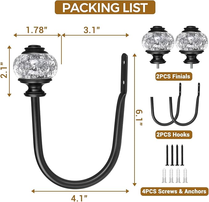 2 Pack Black Curtain Holdbacks, USFOOK Decorative Drapery Tiebacks (2 Pack/1 Pair), Curtain Tie Back Hooks for Wall with Translucent Finials (6.1" L x 4.1" W)