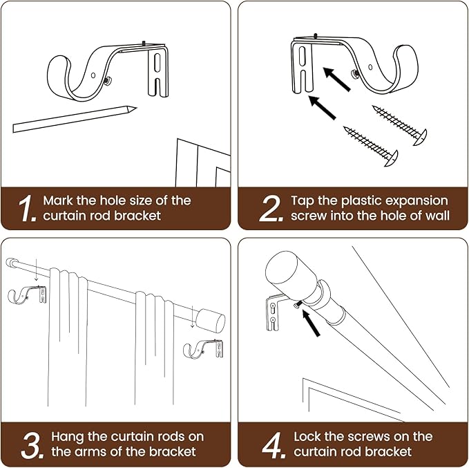 1” Diameter brown curtain rod Itself is 30 to 60 inch. 1 Pack Fits 30-54 inch Windows with Heavy Duty Adjustable brown curtain rods Splicing Metal Extra Long Curtain Rod