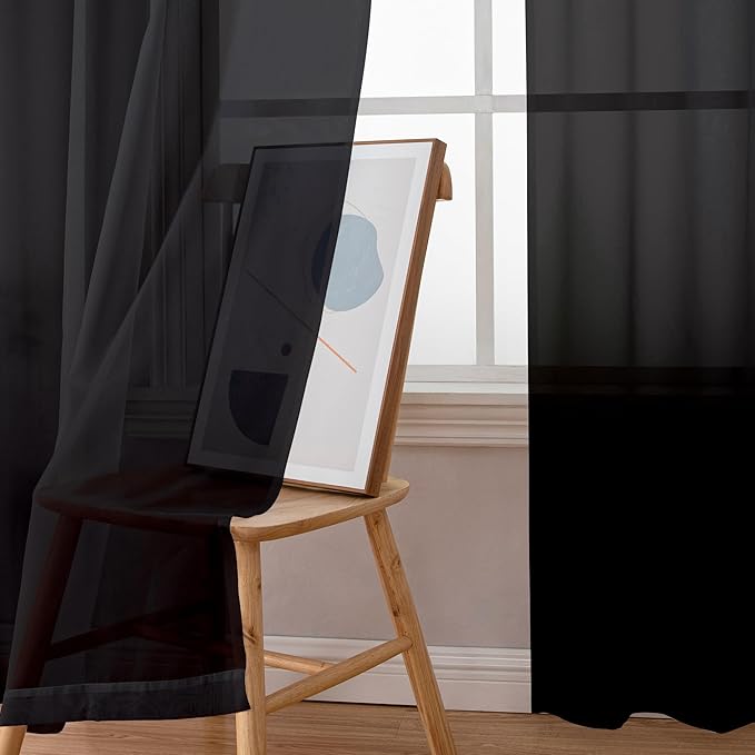 Aiyufeng Black Sheer Curtains 90 Inches Long, Light Filtering Rod Pocket Solid Color Window Sheer Curtain Panels, Elegant Curtains & Drapes for Living Room, Bedroom 2 Panels (Black, 59" W x 90" L)