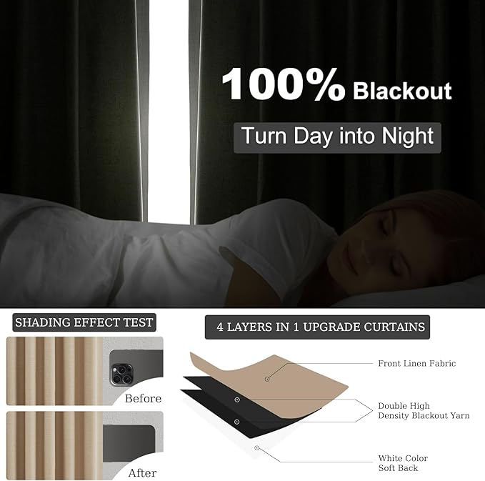 102 Inch Long Blackout Curtains for 2 Panels,Energy Efficinet Room Darkening Linen Blend Textured Curtains with Hooks,Track System Black Out Curtains for Living Room Bedroom,2 Panels, Tan Taupe
