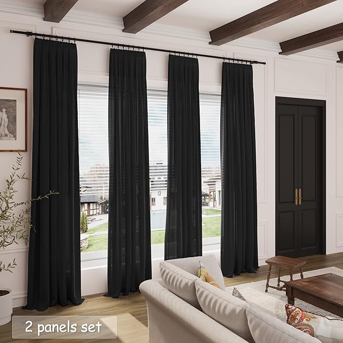 Balck Sheer Linen Curtains 94 inch Length for Bedroom Back Tab Rod Pocket Modern Farmhouse Muslin Look Cotton Textured Black Window Curtains 94 inches Long for Dining Room Living Office 2 Panels