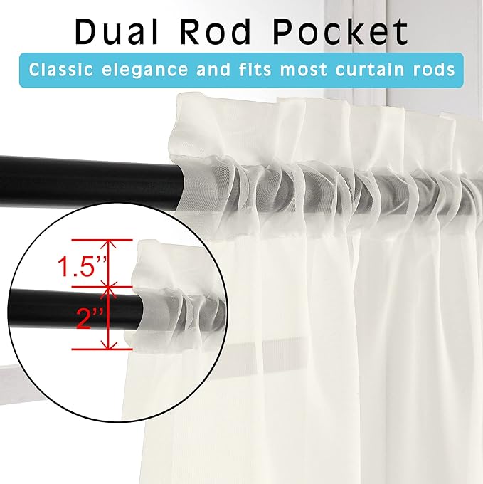 OVZME Ivory Sheer Curtains 36 Inch Length Kitchen Tiers - Short Voile Drapes, Solid Sheers Cafe Curtain for Bathroom Small Half Window - 2 Panels Set, Rod Pocket, 42" W x 36" L