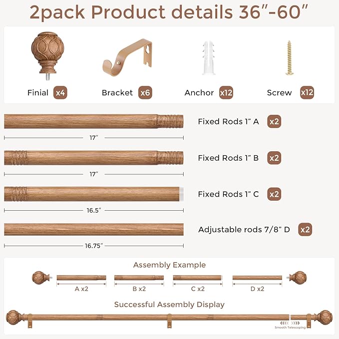 2 Pack Wood Curtain Rods for Windows 30 to 56 Inch, Boho Vintage Decorative 1 Inch Adjustable Heavy Duty Curtain Rod, Rustic Farmhouse Drapery Pole with Netted Imitation Wood Grain Finials