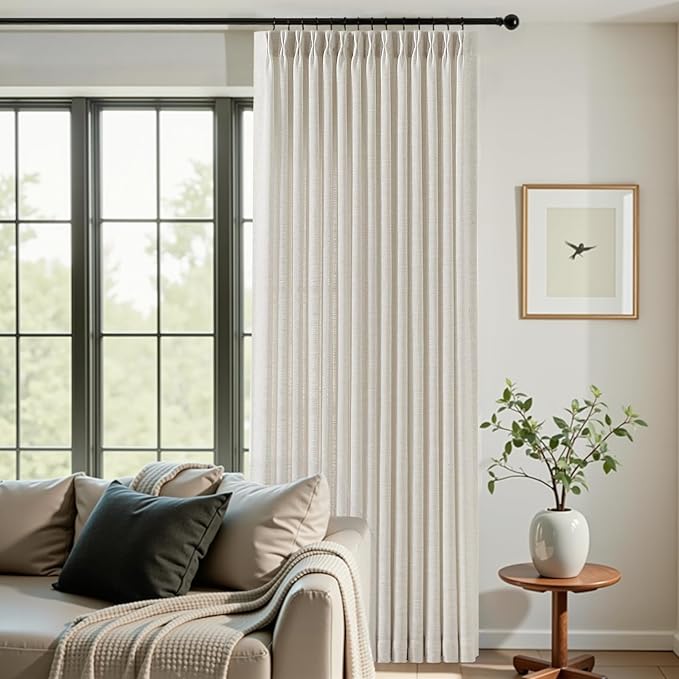 60 Inch Extra Width Pinch Pleated Curtains for Living Room, Light Filtering Modern Privacy Pleated Linen Sheer Curtain with Hooks Rings Back Tab Drapes for Sliding Door, Natural, 1 Panel, W60xL90