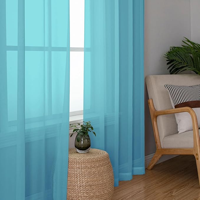 Aiyufeng Turquoise Sheer Curtains 90 Inches Long 2 Panels Set, Light Filtering Soft Airy Voile Rod Pocket Turquoise Sheer Window Drapes for Bedroom Living Room, Each 42Wx90L Inches