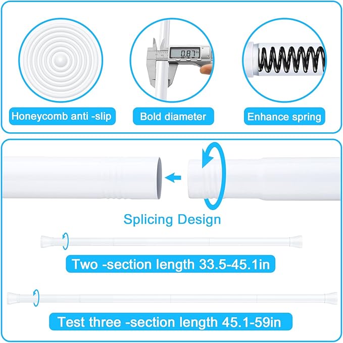 AIZESI Shower Rod 34-59 Inch - Non-Slip, No Drill spring curtain tension rod Never Rust Adjustable Tension Curtain Rod, White Shower Curtain Rod