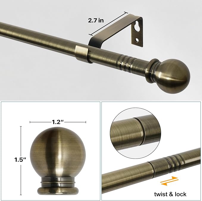Antique Brass Curtain Rods for Windows 66 to 120, Adjustable Long Curtain Rod for Outdoor Patio, Sliding Glass Door, Heavy Duty 5/8 inch Brushed Brass Drapery Rod Set, 10ft Metal Curtain Pole
