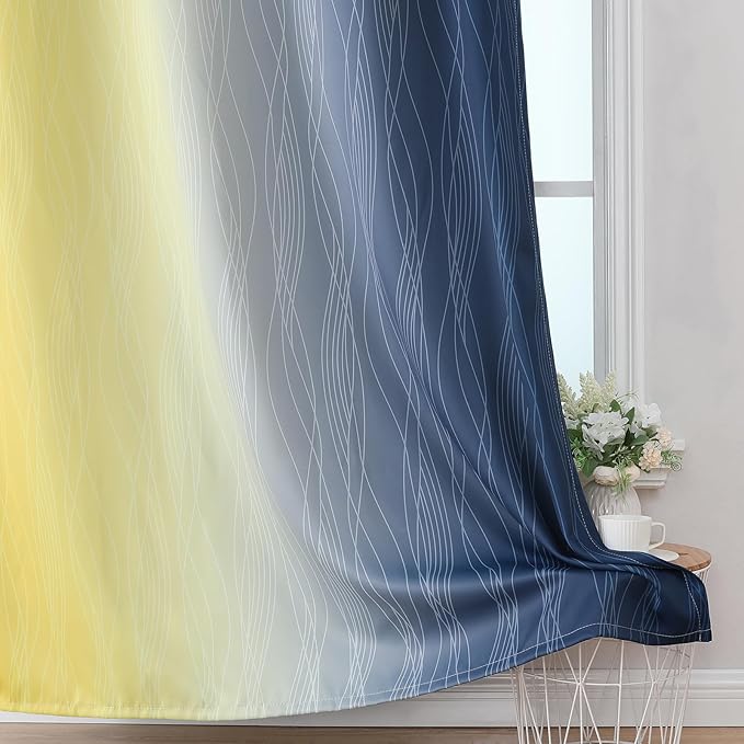 Estelar Textiler Navy Blue and Yellow Ombre Blackout Curtains 90 Inches Long 2 Panels for Living Room,Thermal Insulated Drapes for Bedroom,Full Light Blocking Grommet Curtains for Sliding Door,52Wx90L
